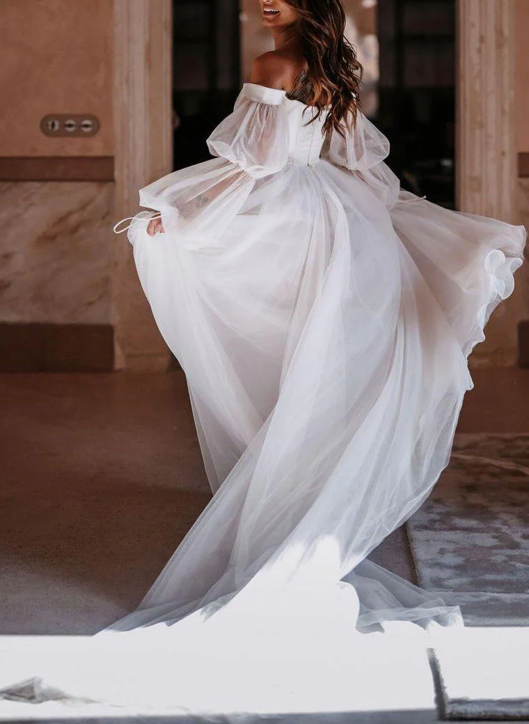 Boho Garden Tulle Off The Shoulder Long Sleeves A Line Wedding Dresses - Image 7
