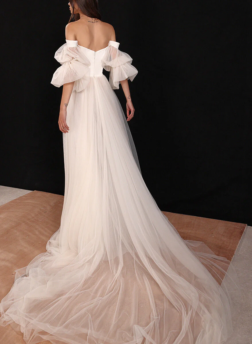Boho Garden Tulle Off The Shoulder Long Sleeves A Line Wedding Dresses - Image 8