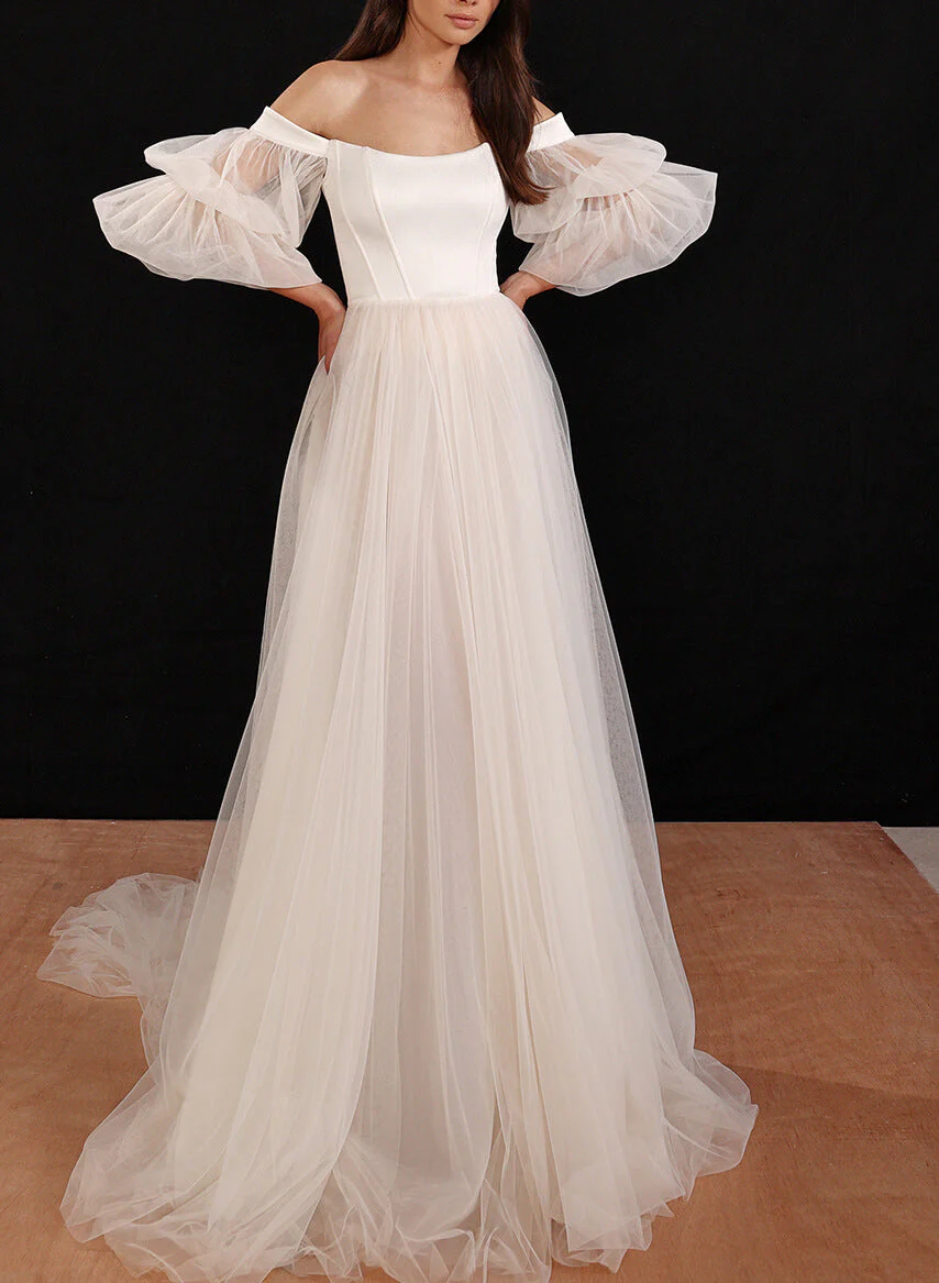 Boho Garden Tulle Off The Shoulder Long Sleeves A Line Wedding Dresses - Image 9