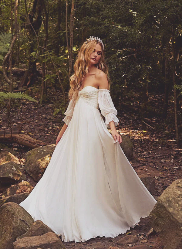 Boho Garden Wedding Dresses Off-the-Shoulder Long Sleeves Chiffon Sweep Train - Image 3