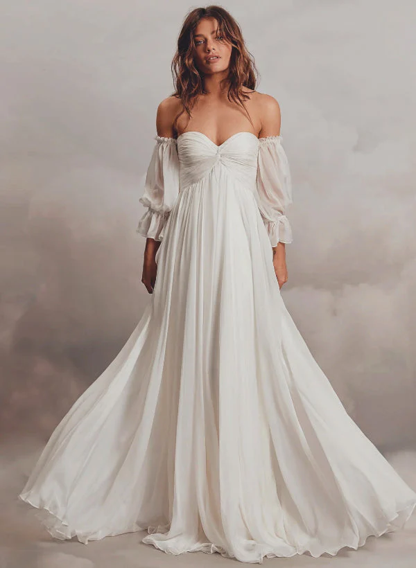 Boho Garden Wedding Dresses Off-the-Shoulder Long Sleeves Chiffon Sweep Train - Image 5
