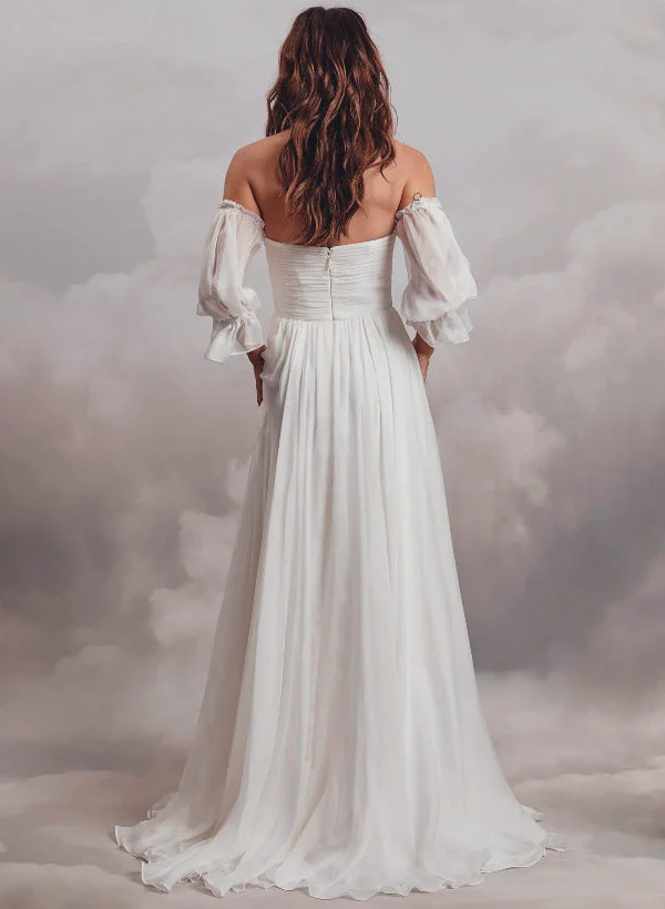 Boho Garden Wedding Dresses Off-the-Shoulder Long Sleeves Chiffon Sweep Train - Image 6
