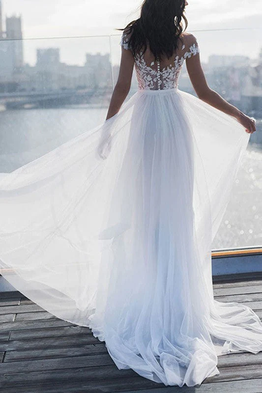 Boho Wedding Dresses Lace Off The Shoulder Short Sleeve Long Split Front Bridal Dress With Train - Image 2