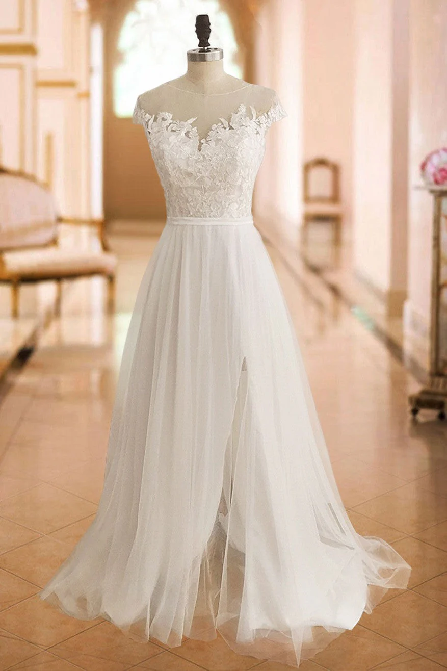Boho Wedding Dresses Lace Off The Shoulder Short Sleeve Long Split Front Bridal Dress With Train - Image 3