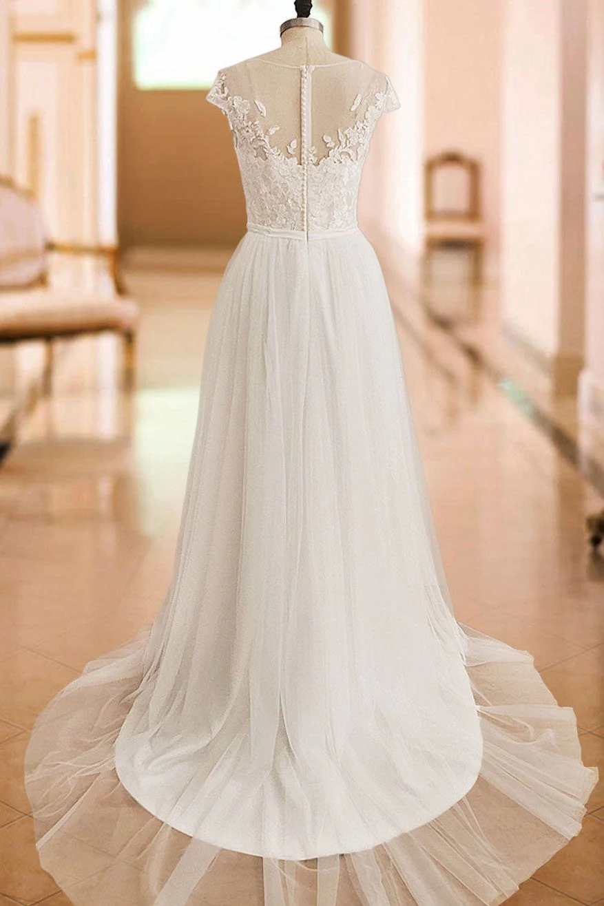 Boho Wedding Dresses Lace Off The Shoulder Short Sleeve Long Split Front Bridal Dress With Train - Image 4