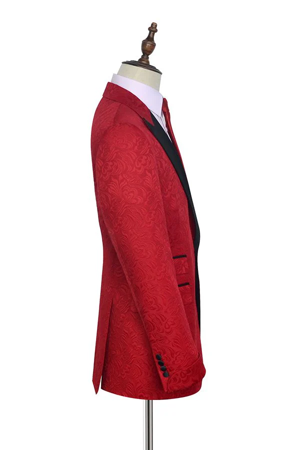 Bright Red Jacquard Peak Lapel with Black Silk Classy Mens Suits - Image 2