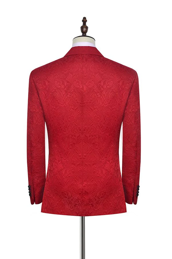 Bright Red Jacquard Peak Lapel with Black Silk Classy Mens Suits - Image 3