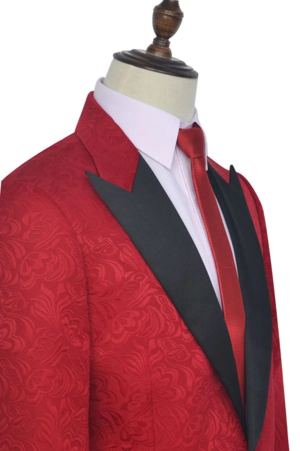 Bright Red Jacquard Peak Lapel with Black Silk Classy Mens Suits - Image 5