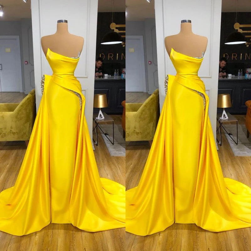 Bright Yellow Strapless Metallic Sequin Overskirt Prom Dress - Image 2