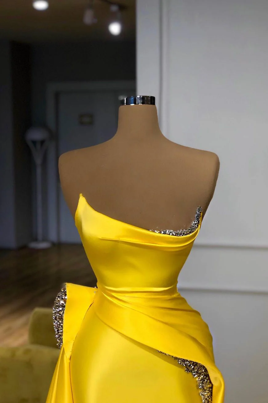 Bright Yellow Strapless Metallic Sequin Overskirt Prom Dress - Image 3