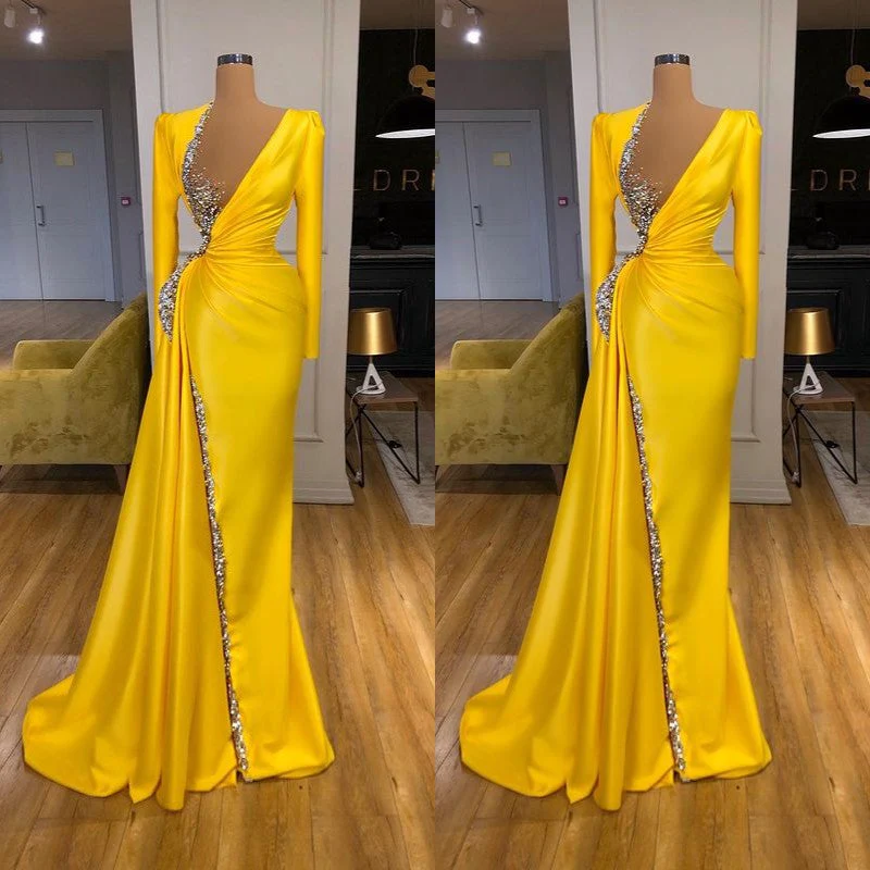 Bright Yellow V-neck Metallic Sequin Long sleeves Prom Dress - Image 3