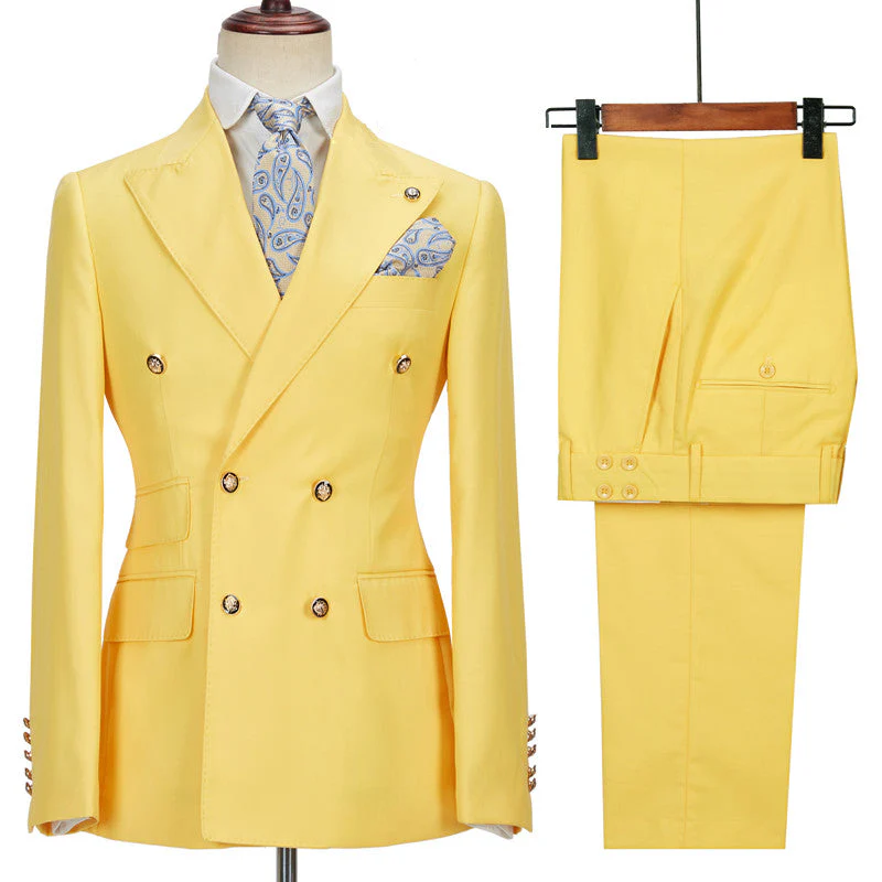 Chic Yellow Double Breasted Peaked Lapel Slim Fit Bespoke Men Suits - Image 3