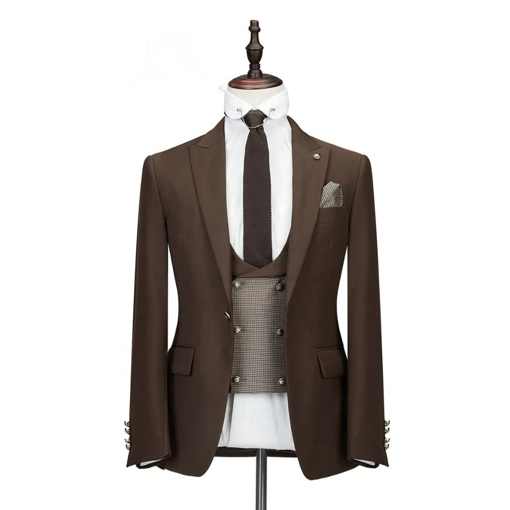 Brown Three Pieces Peaked Lapel Slim Fit Wedding Groom Suits - Image 3