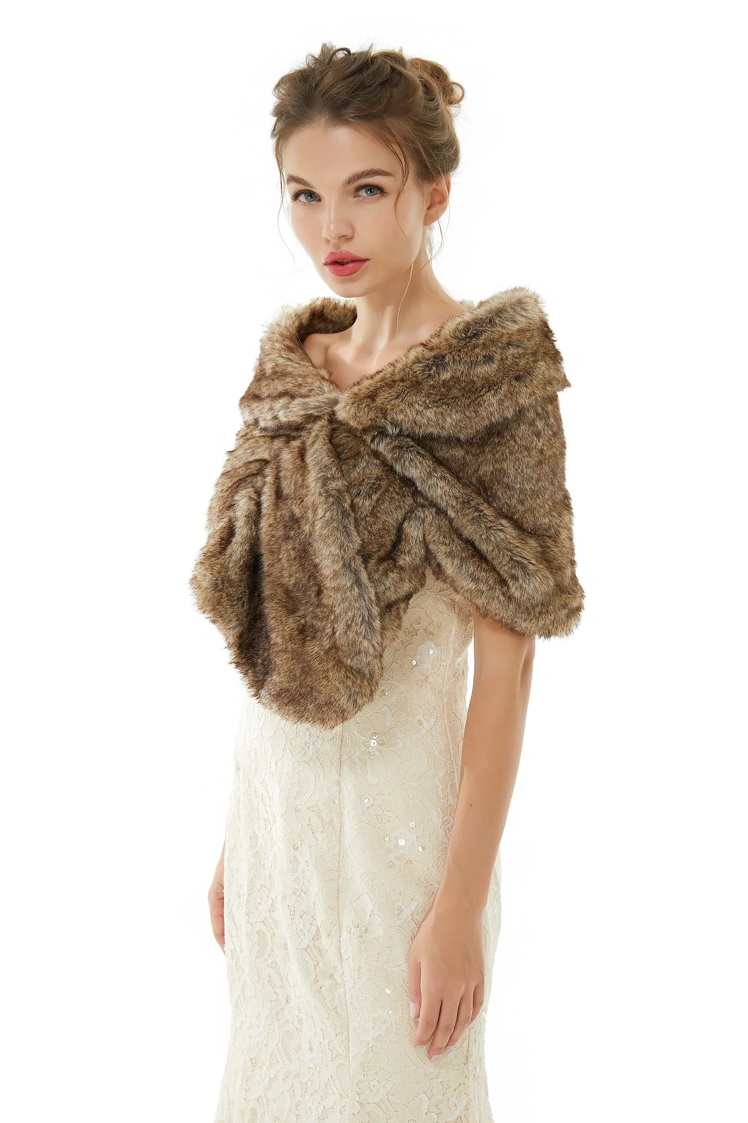 Brown Wedding Shrug Faux Fur Stole Fluffy Bridal Wrap Shawl - Image 2