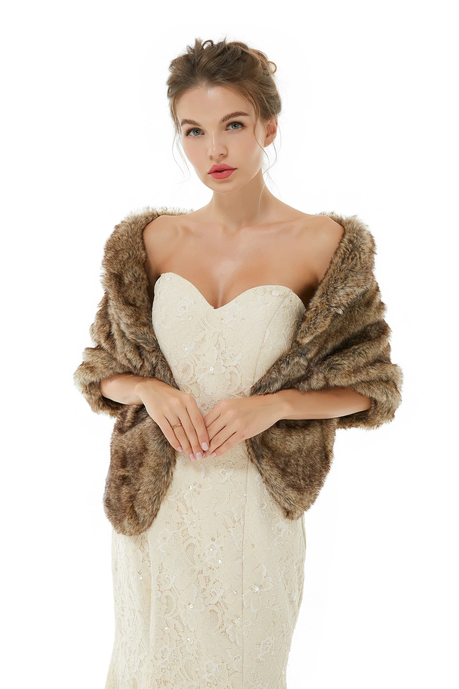 Brown Wedding Shrug Faux Fur Stole Fluffy Bridal Wrap Shawl - Image 3
