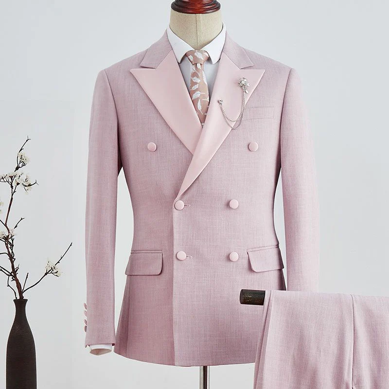 Designer Pink Plaid Peaked Lapel Double Breasted Prom Suit - Image 2