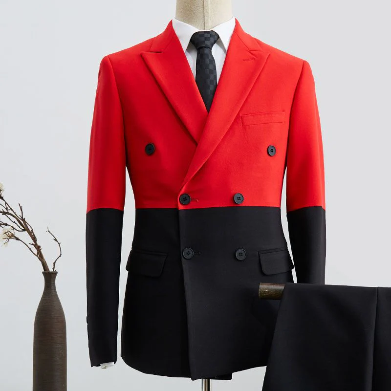 Classy Black And Red Peaked Lapel Double Breasted Prom Suit - Image 2