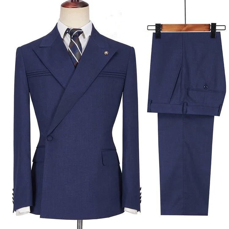 Dark Navy Bespoke Peaked Lapel Ruffles Men Suits - Image 3