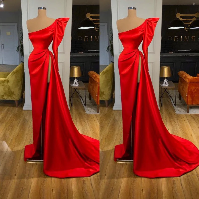 Bubble Sleeve One-shoulder Red High-split Long Evening Dress - Image 2
