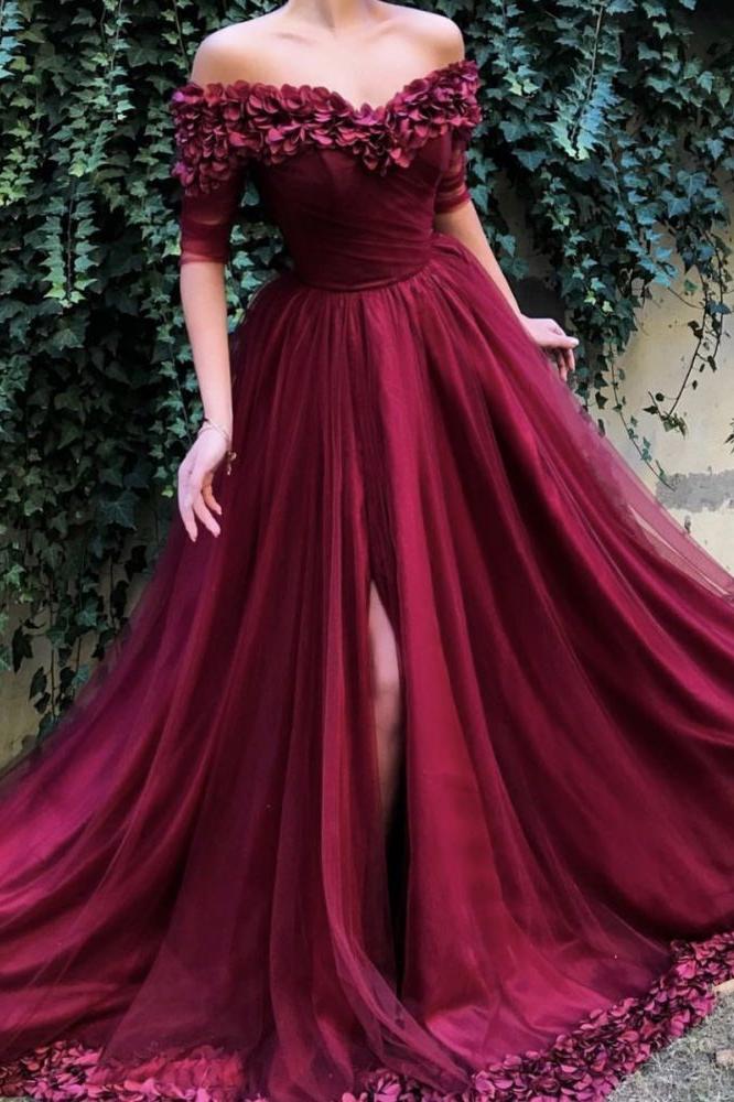 Burgundy A-line Off-the-Shoulder Tulle Flower Applique Prom Dresses - Image 2