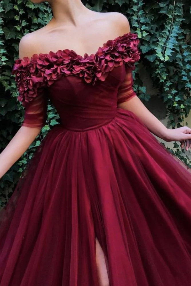Burgundy A-line Off-the-Shoulder Tulle Flower Applique Prom Dresses - Image 3