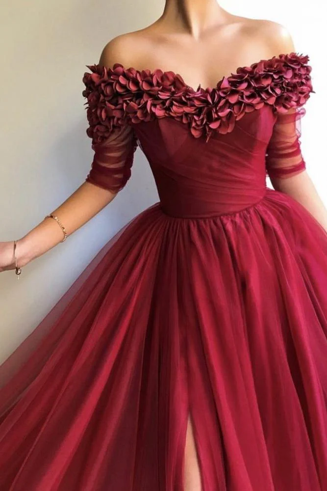 Burgundy A-line Off-the-Shoulder Tulle Flower Applique Prom Dresses - Image 4
