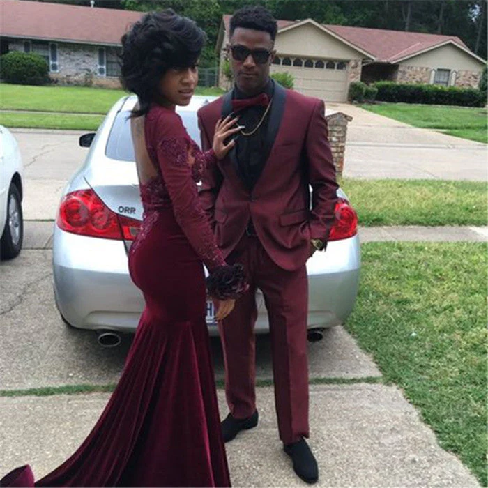 Burgundy Black Shawl One Button Slim Fit Prom Party Men Suit - Image 2
