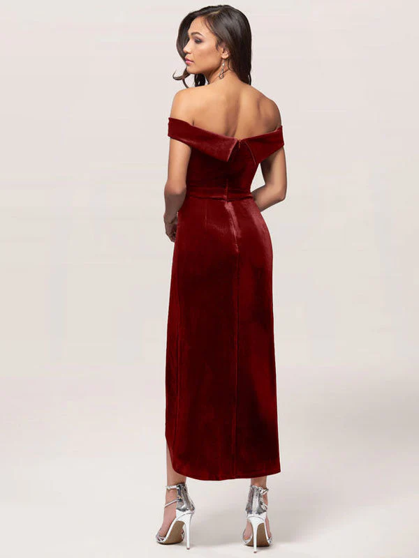 Amazing Burgundy Evening Dress Sheath Bateau Neck Tea-Length Zipper Pleated Velour Formal Dinner Dresses - Image 3