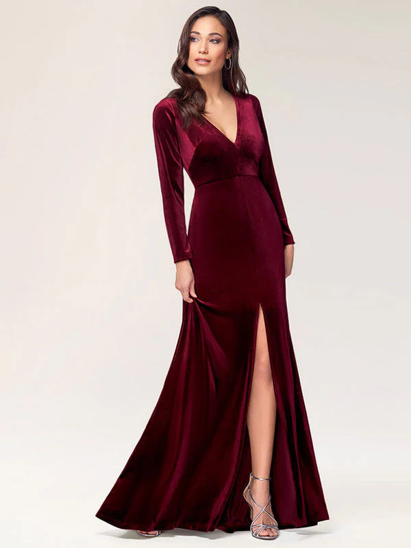 Stunning Burgundy Evening Dress Sheath Long Sleeve V-Neck Velour Social Party Dresses - Image 2
