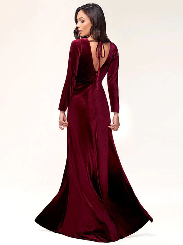 Stunning Burgundy Evening Dress Sheath Long Sleeve V-Neck Velour Social Party Dresses - Image 3