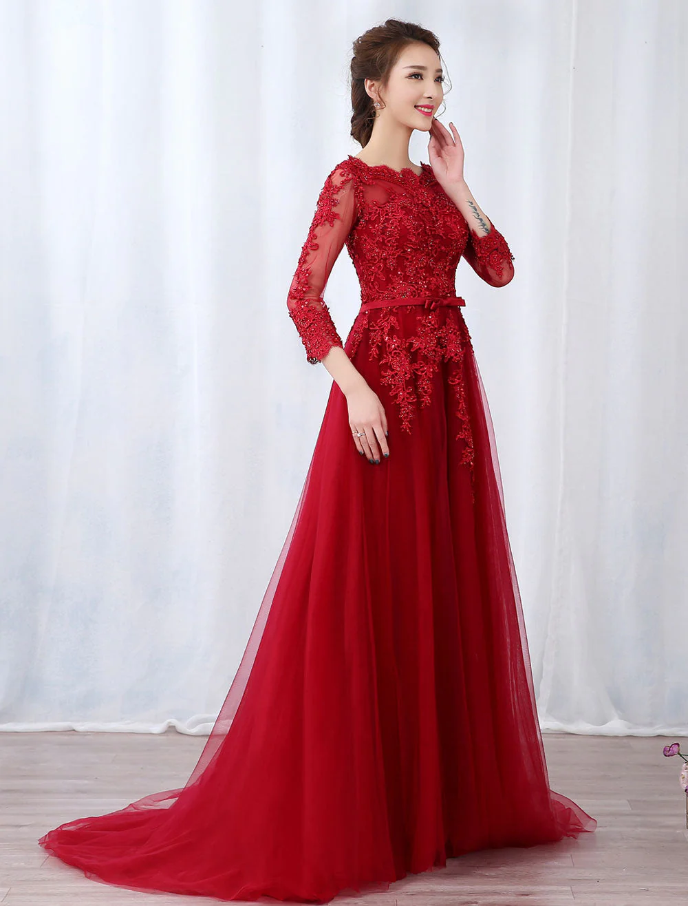 Modern Burgundy Evening Dresses Long Sleeve Lace Applique Beaded Formal Gown With Train - Image 2