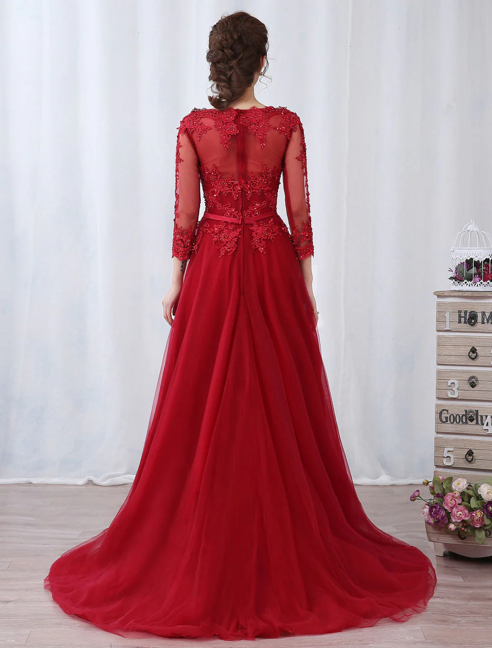 Modern Burgundy Evening Dresses Long Sleeve Lace Applique Beaded Formal Gown With Train - Image 4