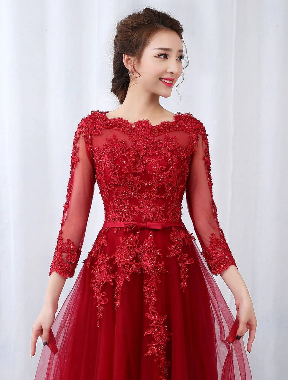 Modern Burgundy Evening Dresses Long Sleeve Lace Applique Beaded Formal Gown With Train - Image 5