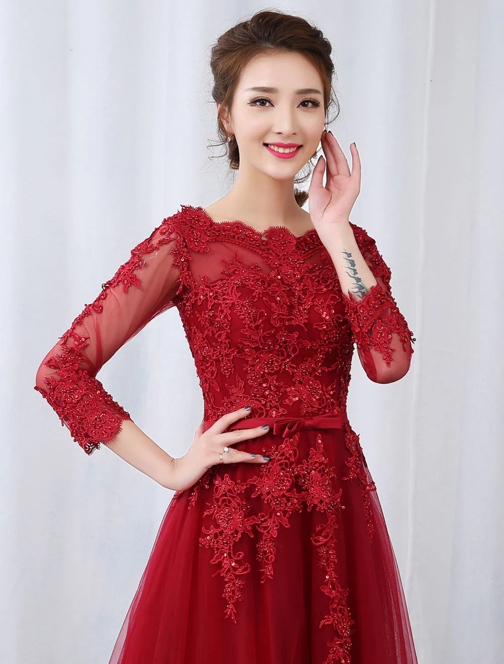 Modern Burgundy Evening Dresses Long Sleeve Lace Applique Beaded Formal Gown With Train - Image 6