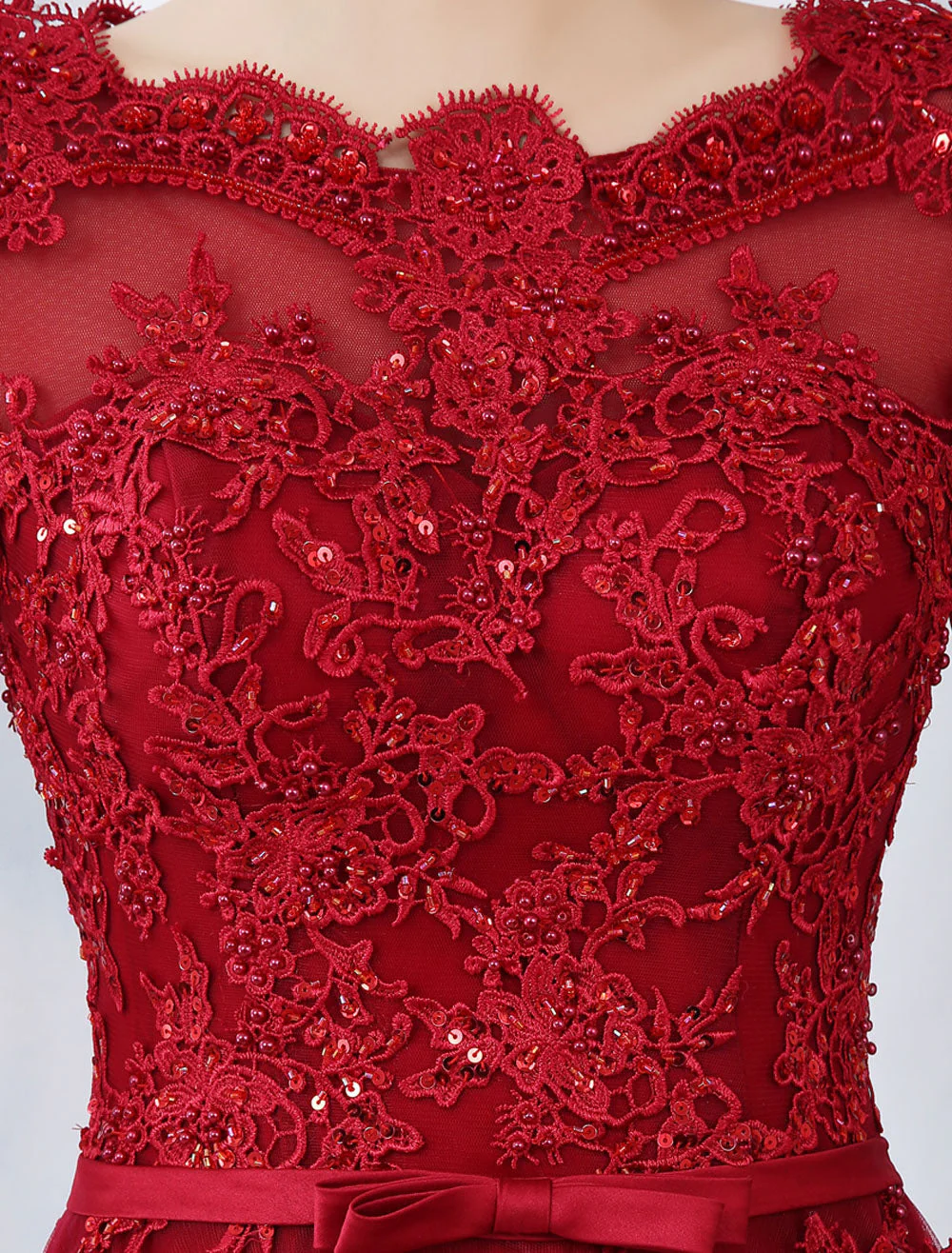 Modern Burgundy Evening Dresses Long Sleeve Lace Applique Beaded Formal Gown With Train - Image 7