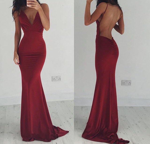 Burgundy Evening Gowns Stretchy Spaghettis-Straps Backless Column Prom Dresses - Image 3