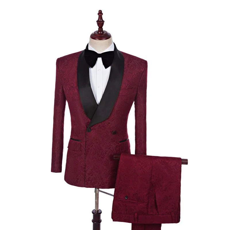 Burgundy Jacquard Double Breasted Best Fitted Wedding Suits Online - Image 2