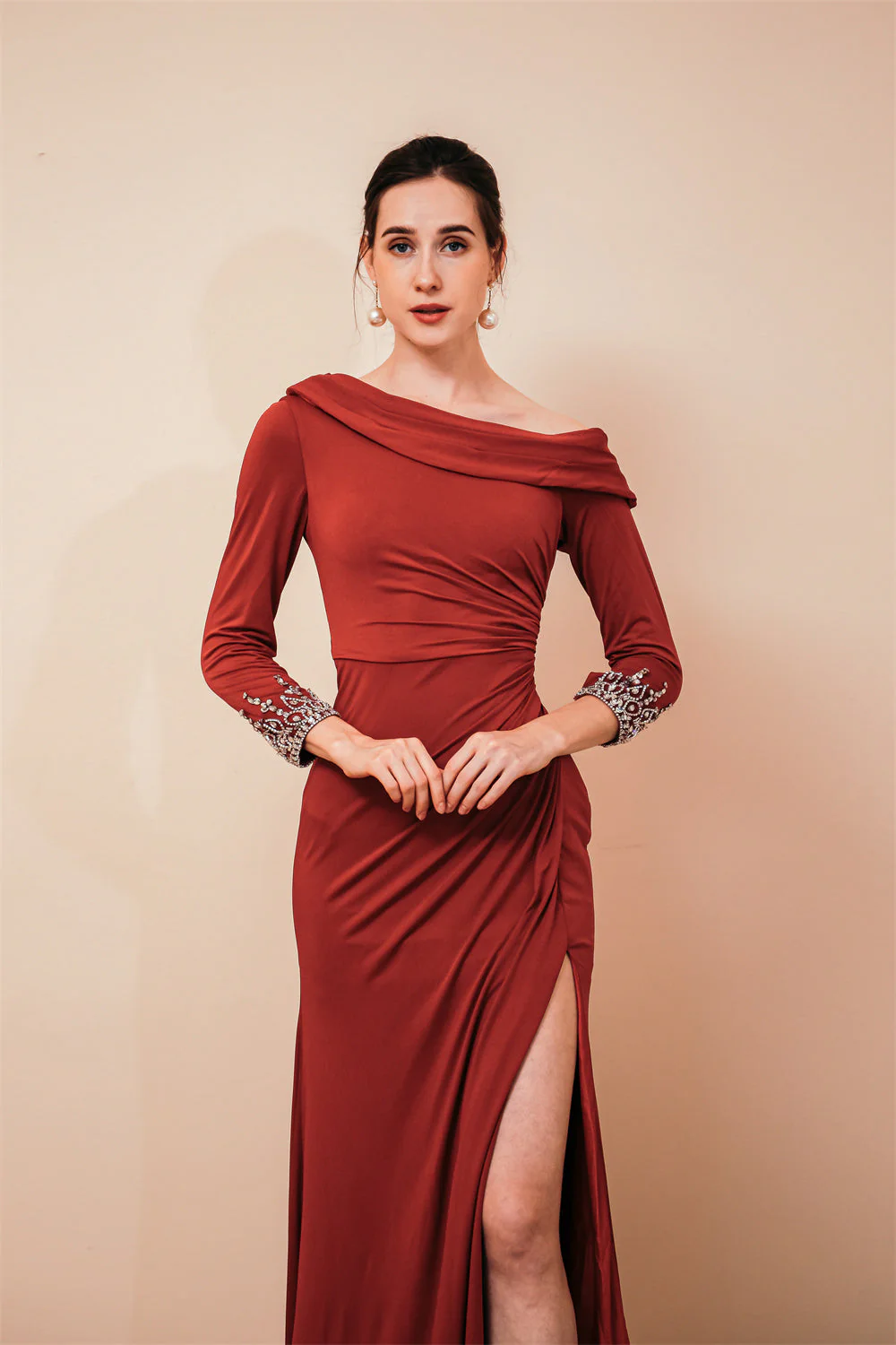 Burgundy Long sleeves Jersey Unique neckline Evening Dress - Image 3
