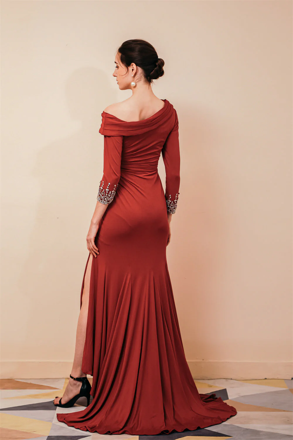 Burgundy Long sleeves Jersey Unique neckline Evening Dress - Image 4
