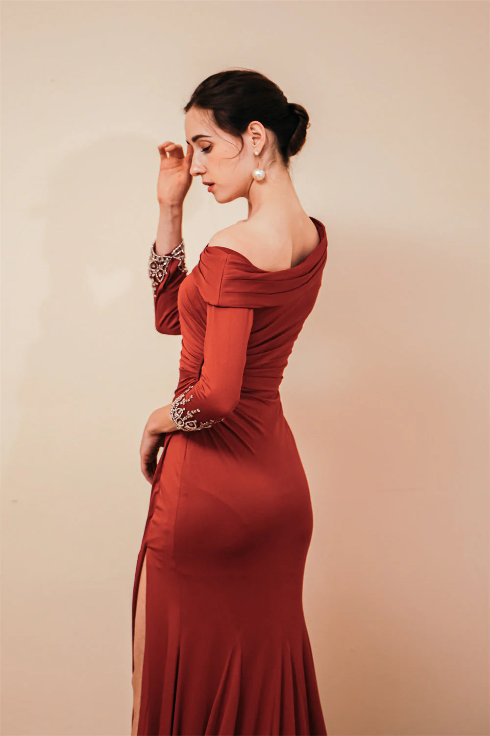 Burgundy Long sleeves Jersey Unique neckline Evening Dress - Image 5