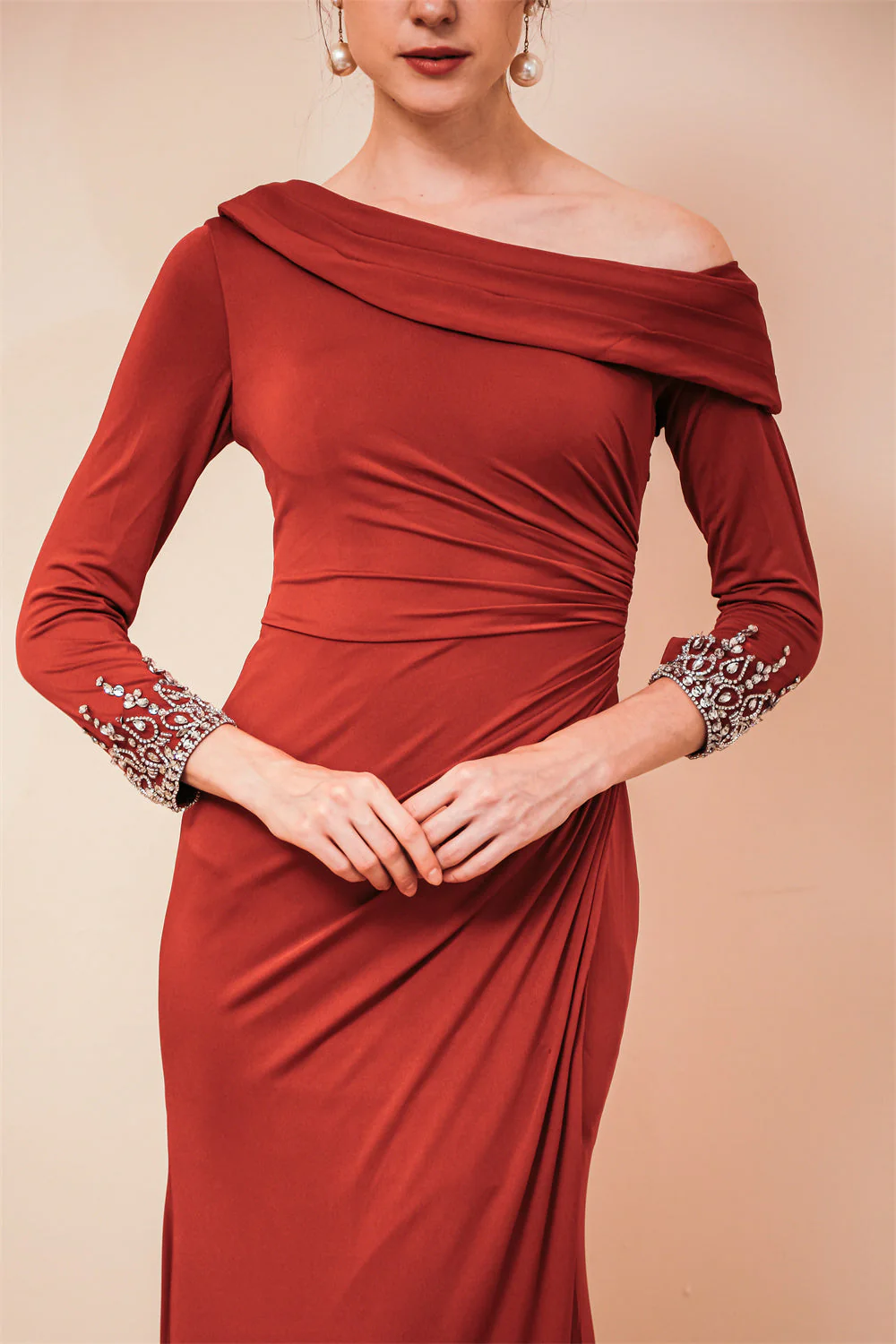 Burgundy Long sleeves Jersey Unique neckline Evening Dress - Image 6