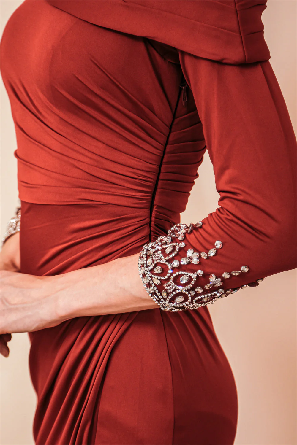 Burgundy Long sleeves Jersey Unique neckline Evening Dress - Image 7