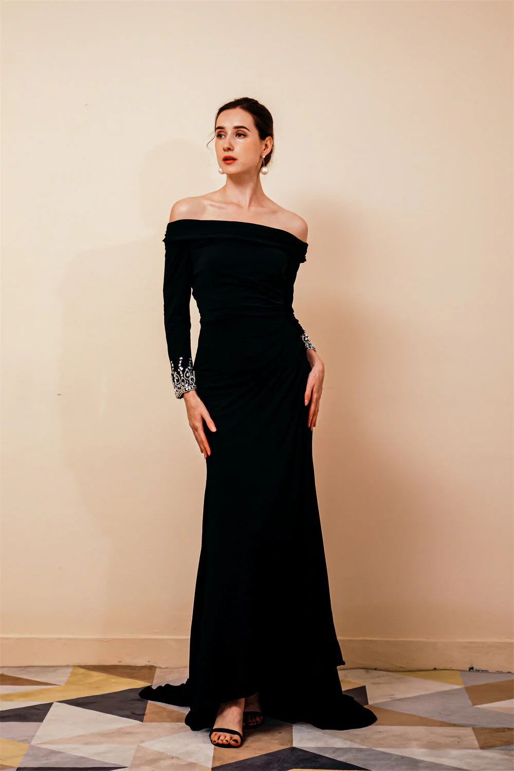 Burgundy Long sleeves Jersey Unique neckline Evening Dress - Image 8