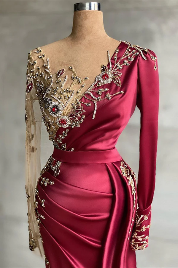 Burgundy Long Sleeves Mermaid Prom Dress With Beadings - Image 2