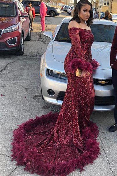Burgundy Off Shoulder Sequins Sheath Long Sleeves Prom Dress with Feather - Image 2