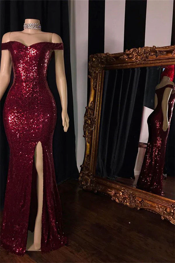 Burgundy Off-The-Shoulder Sequins Side-Slit Mermaid Prom Dresses - Image 2