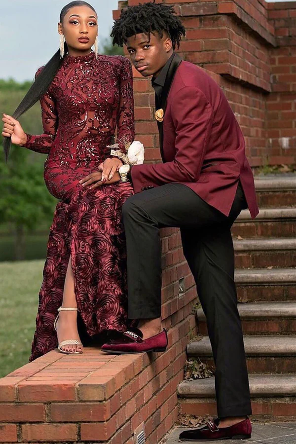 Burgundy One-Button Prom Suit with Black Shawl Lapel - Image 2