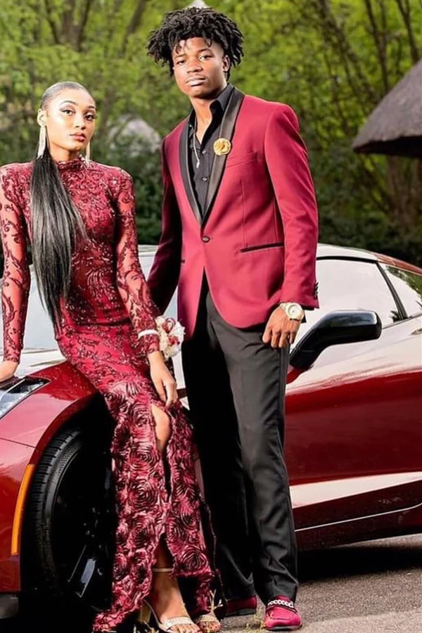Burgundy One-Button Prom Suit with Black Shawl Lapel - Image 3