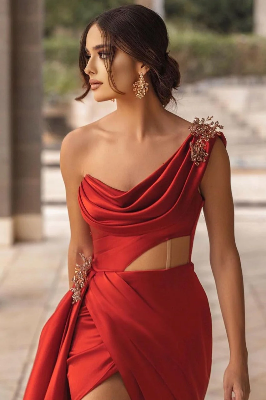 Burgundy One-shoulder High Split Long Prom Dress with Half train - Image 2