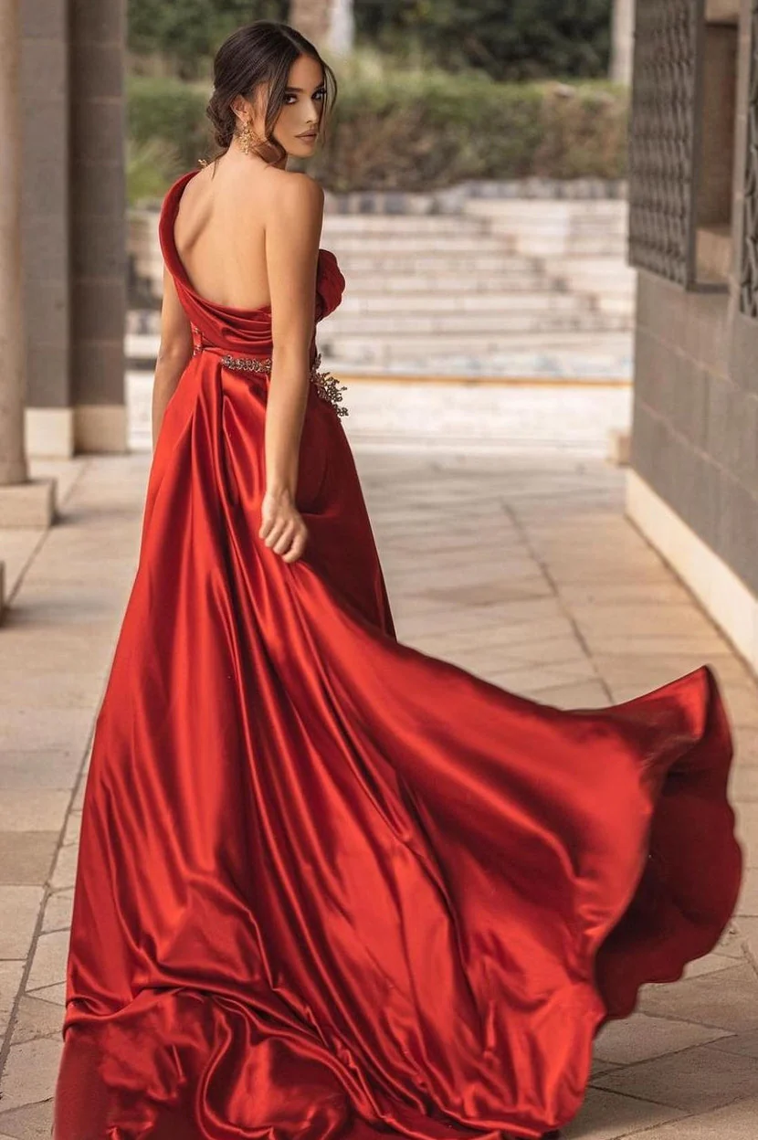Burgundy One-shoulder High Split Long Prom Dress with Half train - Image 3